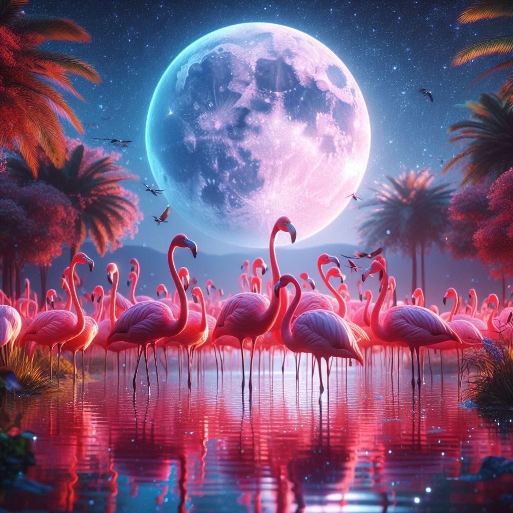 Flamingos in the moonlight