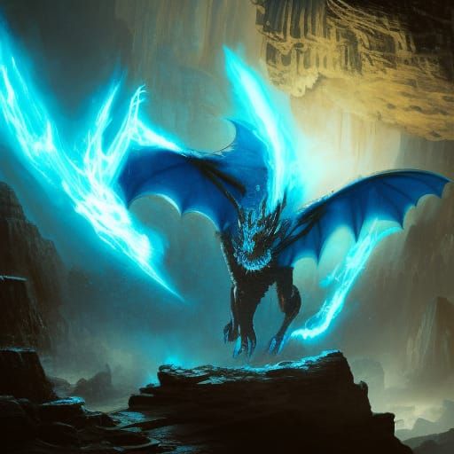 an electric blue dragons in a cave - AI Generated Artwork - NightCafe ...