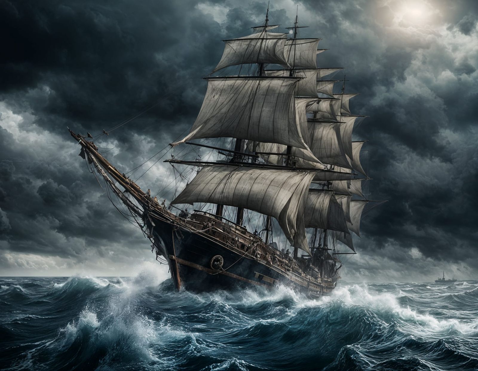 "A huge ancient sailing ship battling a fierce storm at sea, people running on deck. Huge sails flapping ...  by @Ghost100