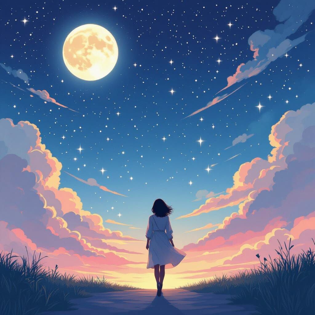 Dreamy Starry Night Scene in Fantasy Art Style