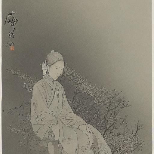 Serene Chinese Artist in Mountain Landscape, Charcoal Drawin...