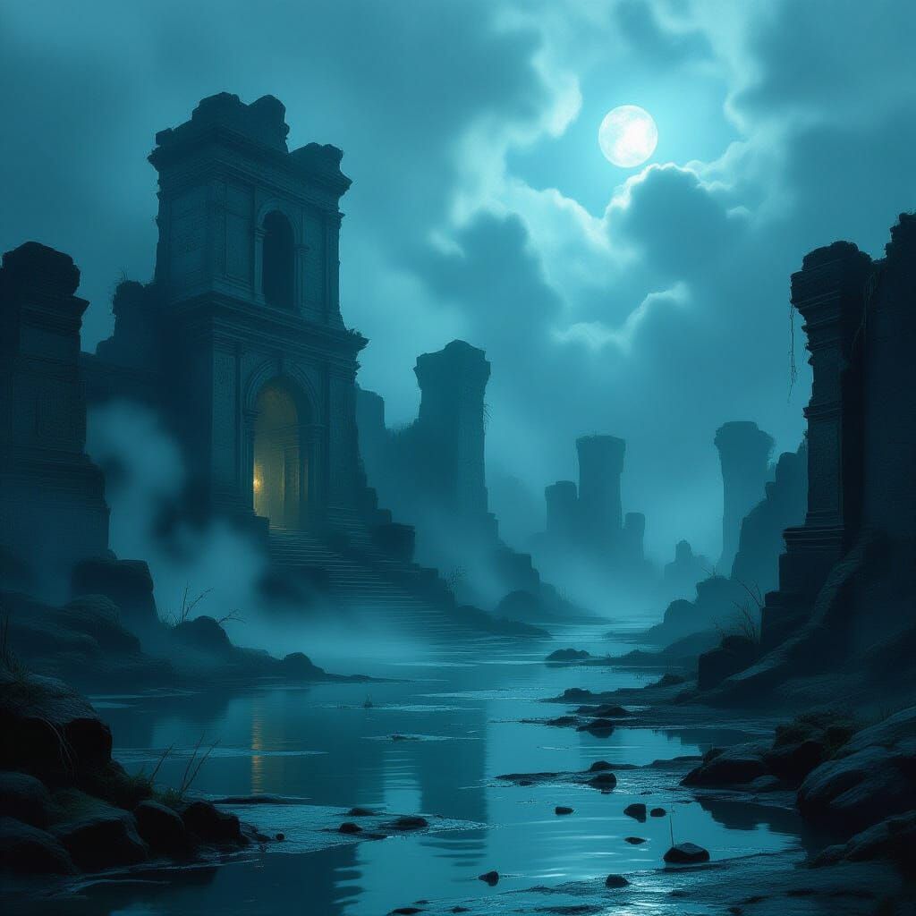 Dark Fantasy Swamp Ruins in Spectral Fog