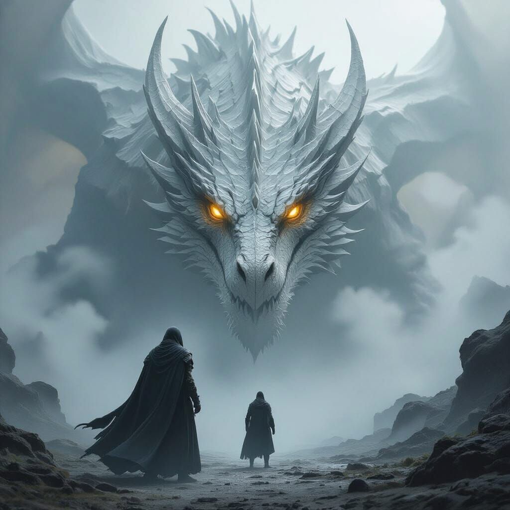 A lone medieval warrior in a long cloak stands before an enormous ancient dragon emerging from dense mist. The dragon’s colossal head fills ...