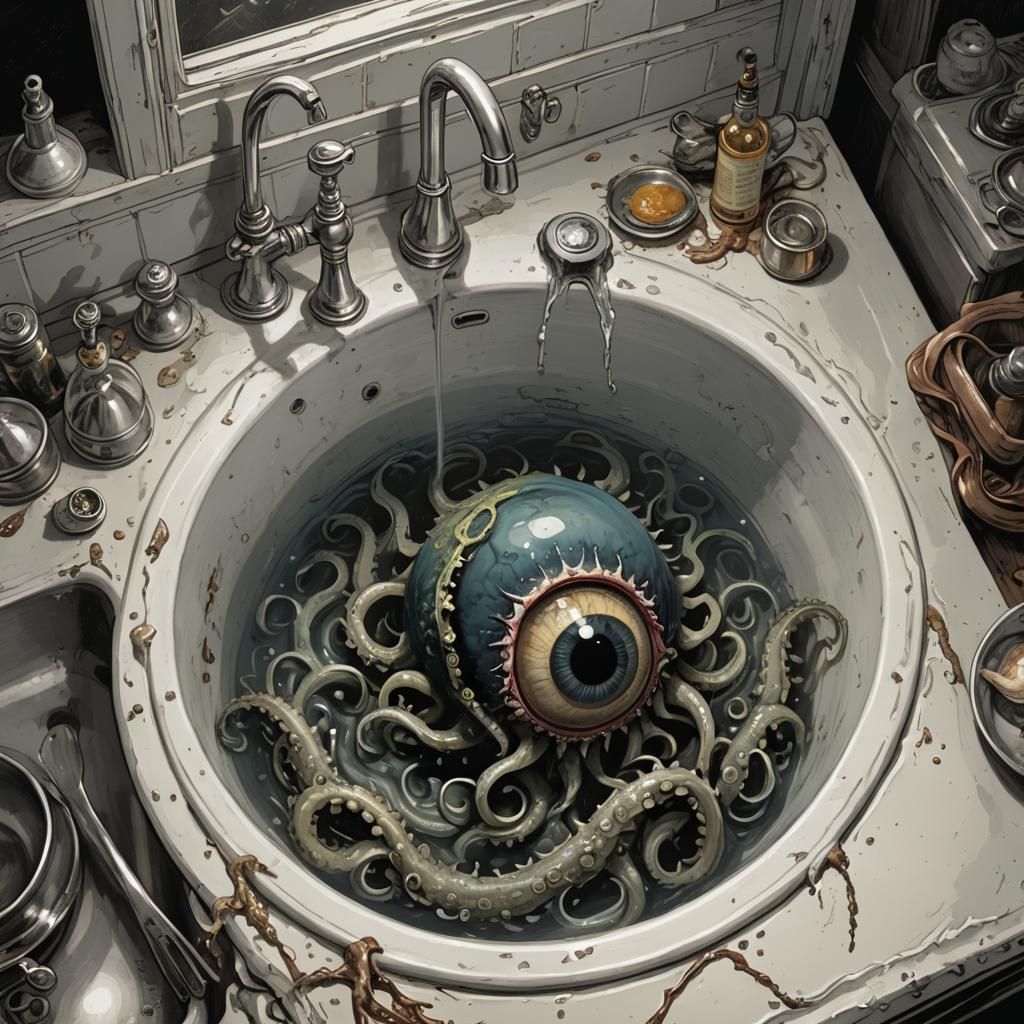 Pulp comic style art, an eyeball with tentacles in the kitch...