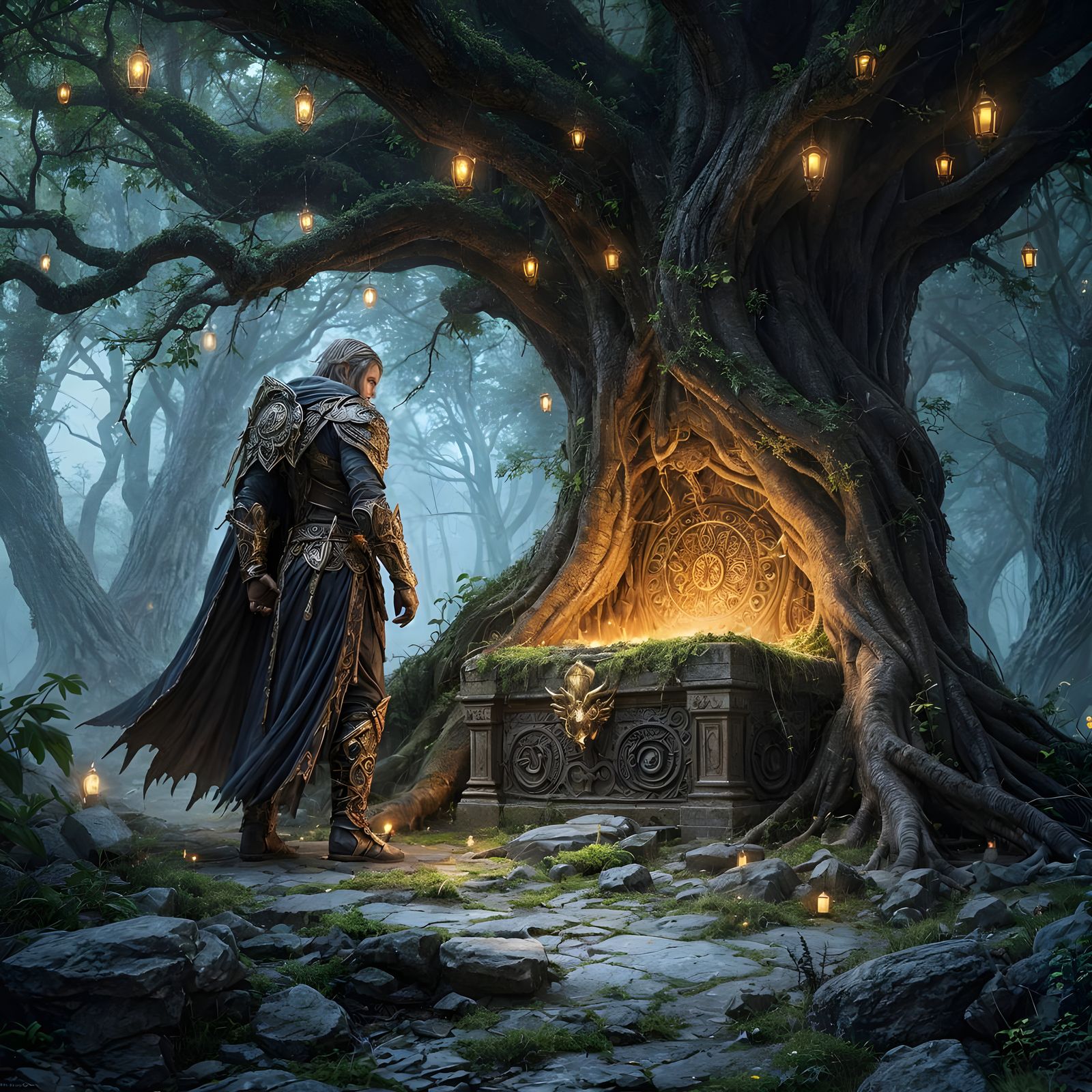 A powerful elven warrior, clad in intricate, glowing runic armor, stands guard over an ancient, moss-covered ...  by @evolsdoom