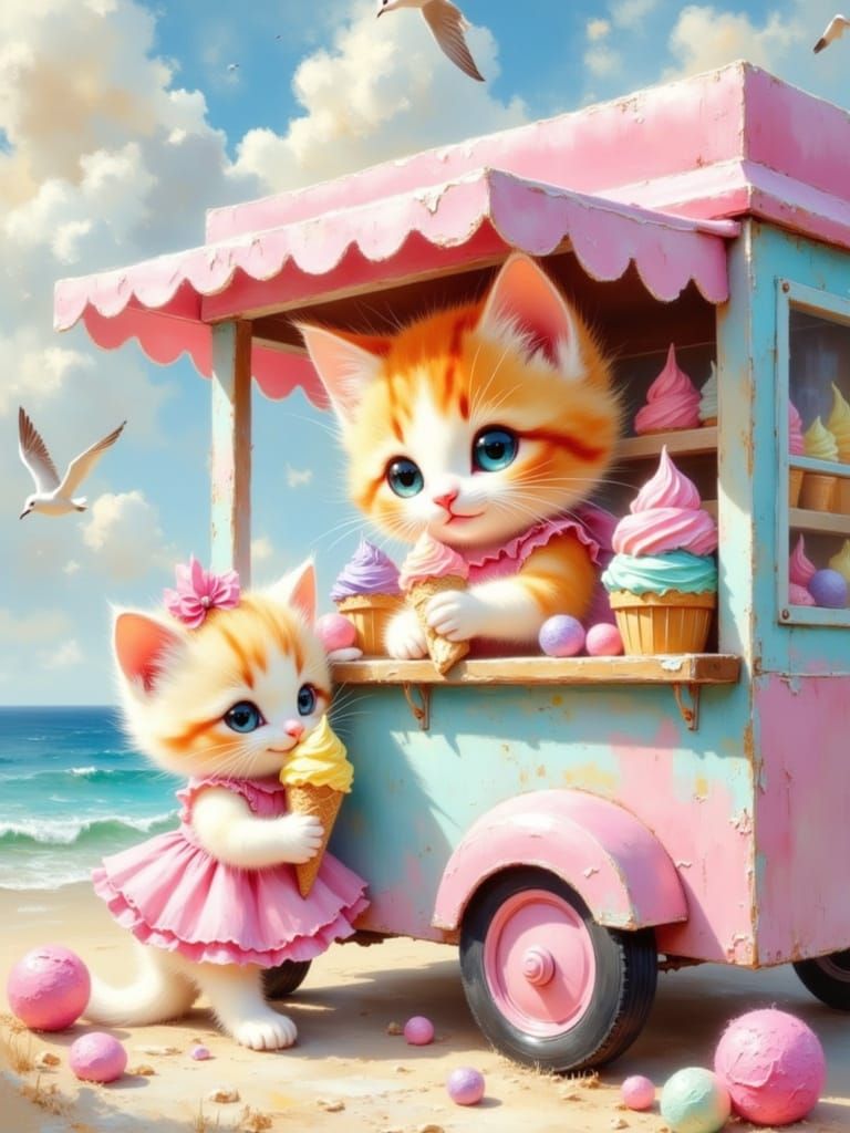 Fluffy Kitten Serves Colorful Ice Cream on Pastel Beach