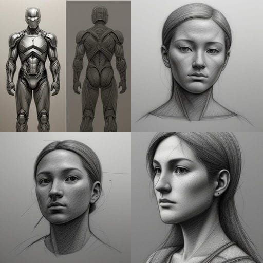 Pencil Sketch of Half-Finished Figure in Node-Based Style