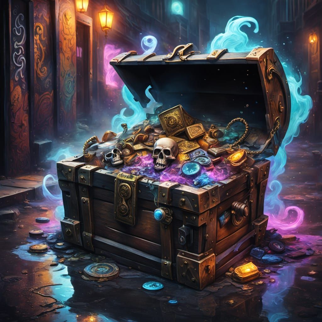 A future set pirate treasure chest with mystical items hanging out.   by @Nadine Maritz