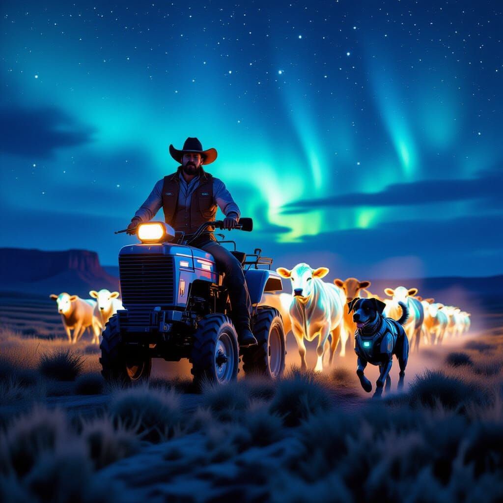 Imagine a rugged, determined rancher, his face etched with the trials of the frontier, driving a herd of genetically engineered, bioluminesc...