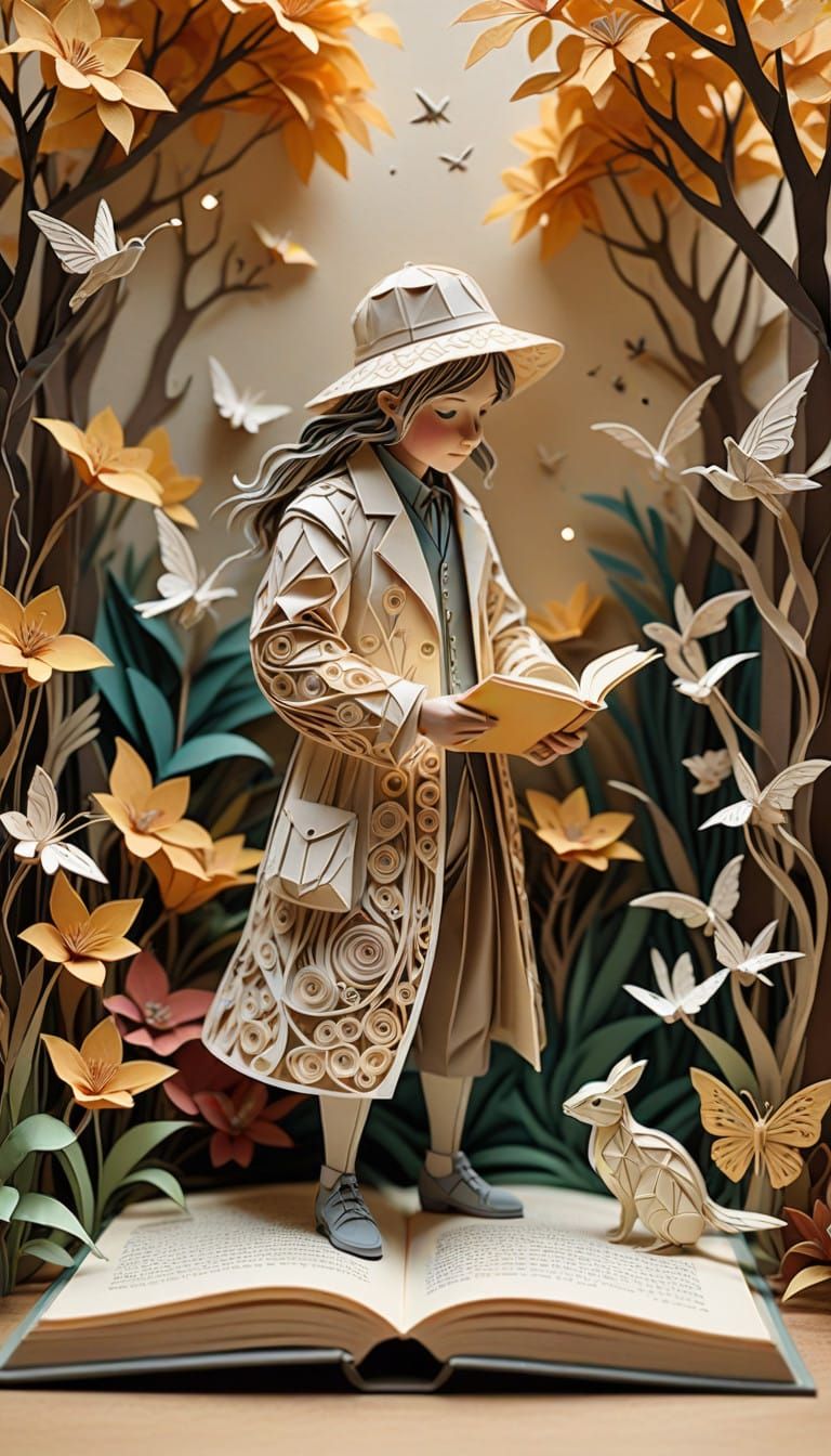 A magical open book with intricate designs cut out of paper, from which emerges the figure of a sweet, ...  by @BINUSH