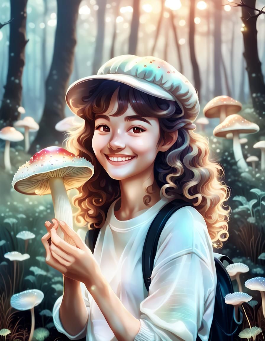 Woman with Glowing Mushroom in Anime Style