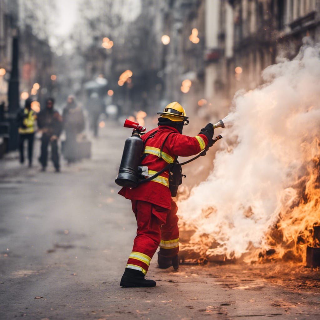 fireman fighting  flame with a  fire extinguisher
