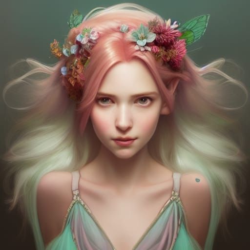 Elf with Peach Hair and Floral Adornments