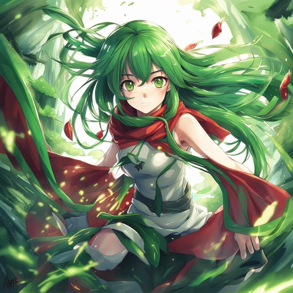 Girl with nature powers, green long hair, green eyes+, red scarf epic+ ...