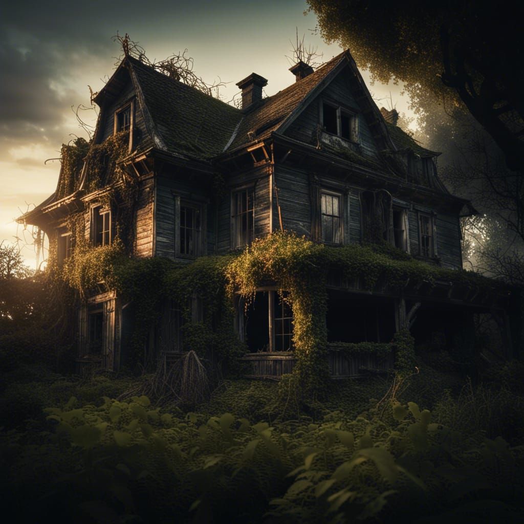 a run down haunted house with spooky gardens