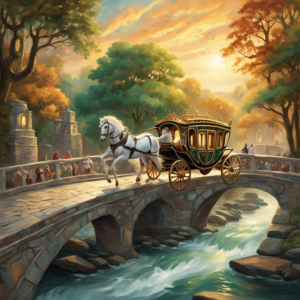 A highly detailed fantasy painting of an ancient, mystical landscape at golden hour. Dramatic and cinematic. A grand horse-drawn carriage ra...