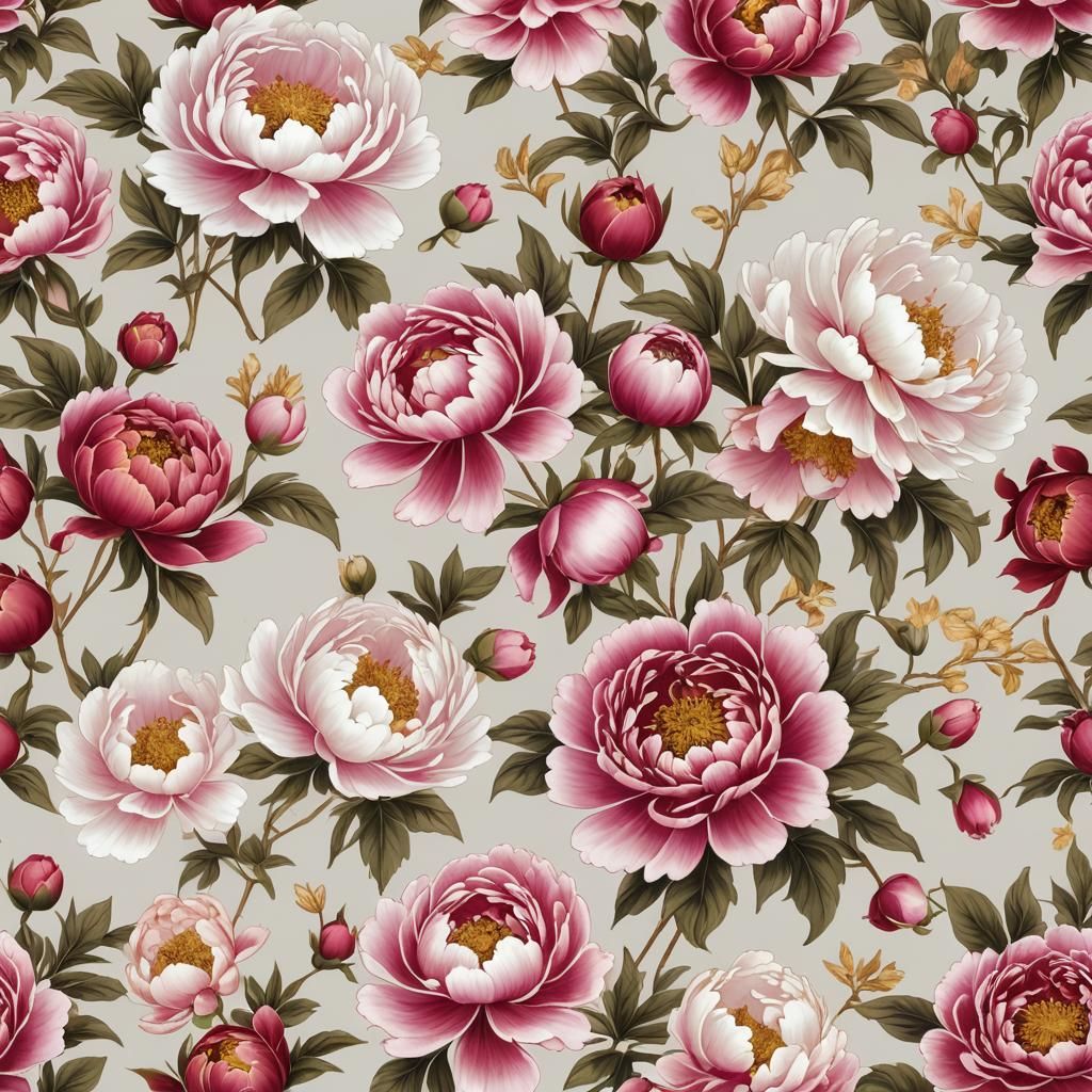 A white background with a repeating pattern of delicate peonies in