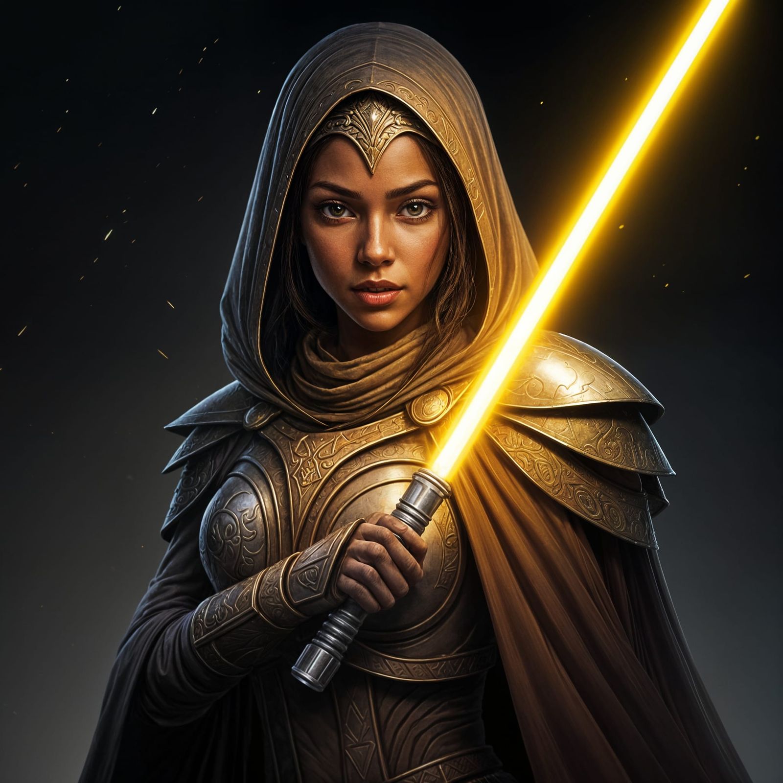 A Warrior princess with a tone body, light armor worthy of a princess, and a banana yellow lightsaber ...  by @Dantonio