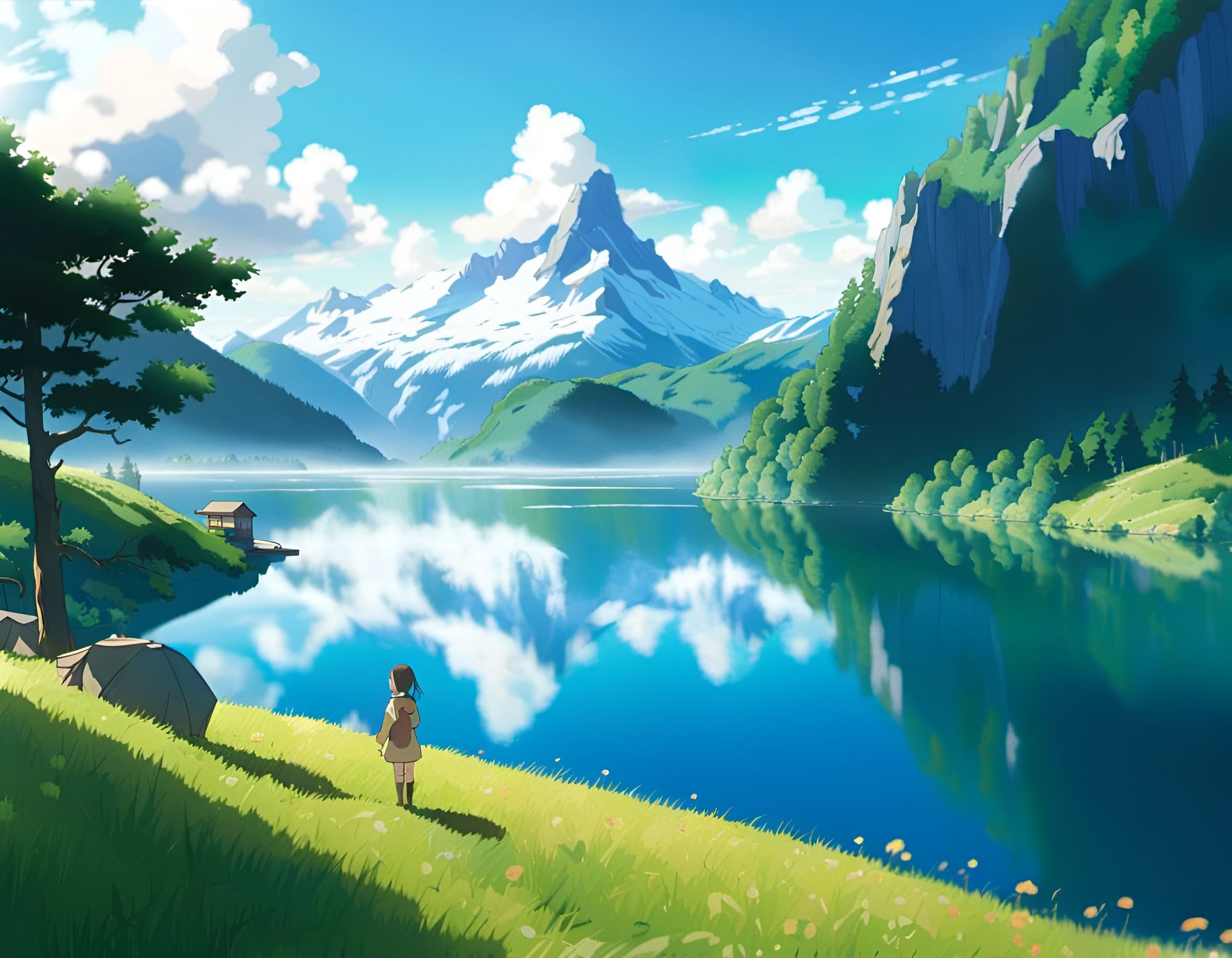 Digital Illustration Drawn In Style Of Anime Cartoons Featuring Mountains  And Green Fields In Switzerland. Scenic Valley In The Swiss Alps Blue Fresh  Water Lake. Mountainous Landscape In Fantasy Art Stock Photo,
