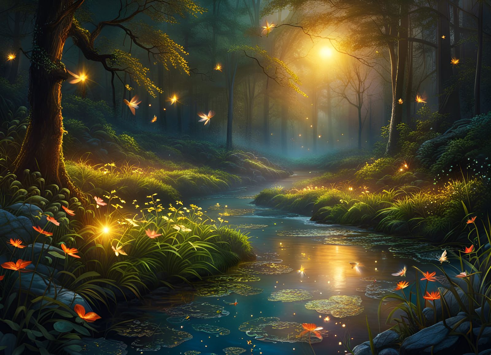 Fairies and Fireflies in a Magical Forest - AI Generated Artwork ...