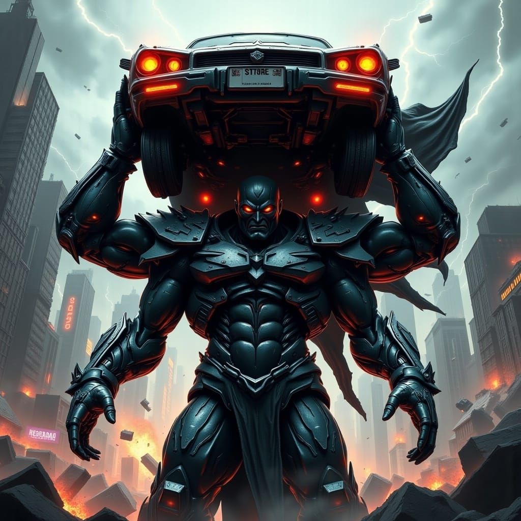 <lora:Super Villains:1.0> Cyborg lifting a taxi over his head