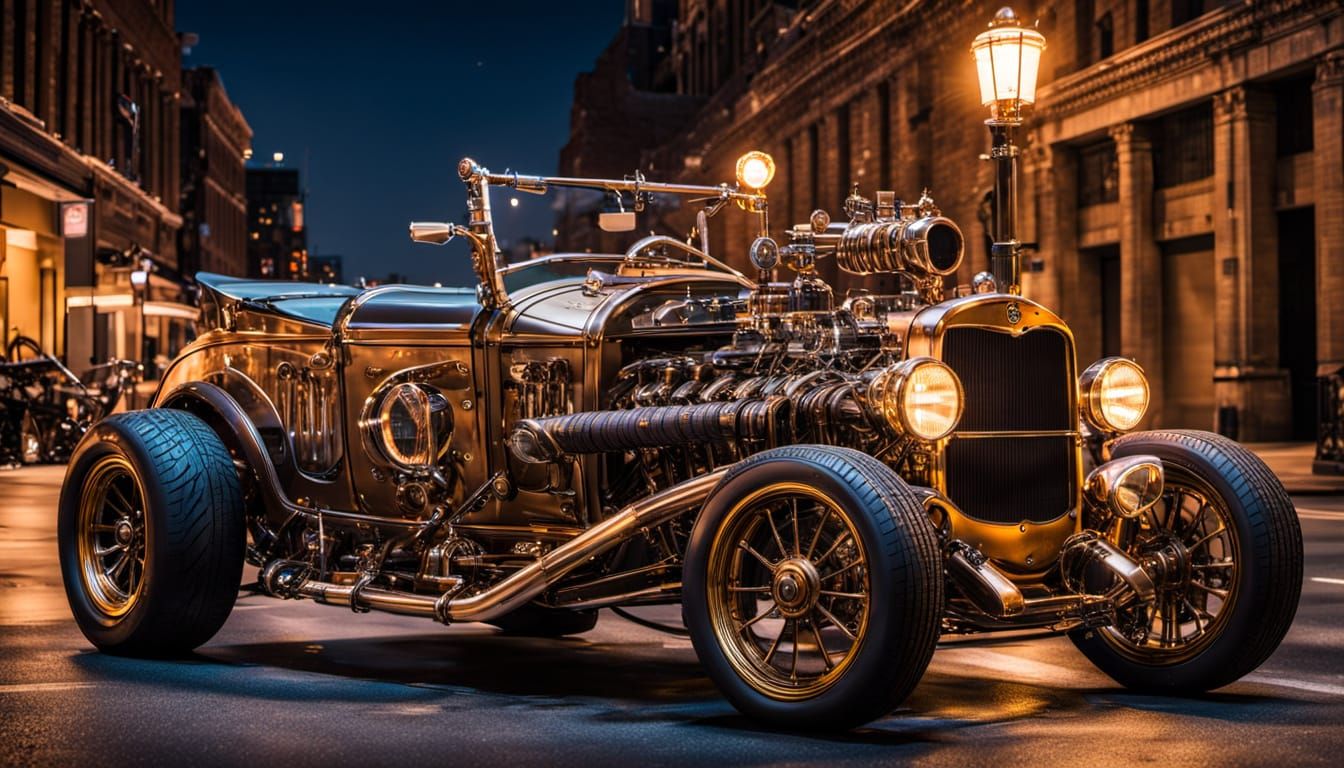 A steampunk all brass hot rod convertable sits parked on a city street at night bathed in street light ...  by @MrMaracuja