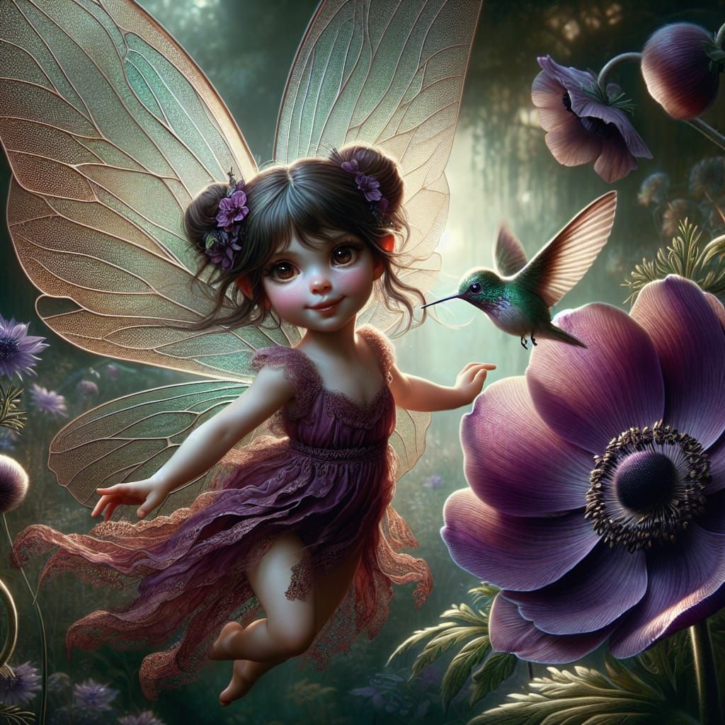 cute fairy and a hummingbird, flying in the air