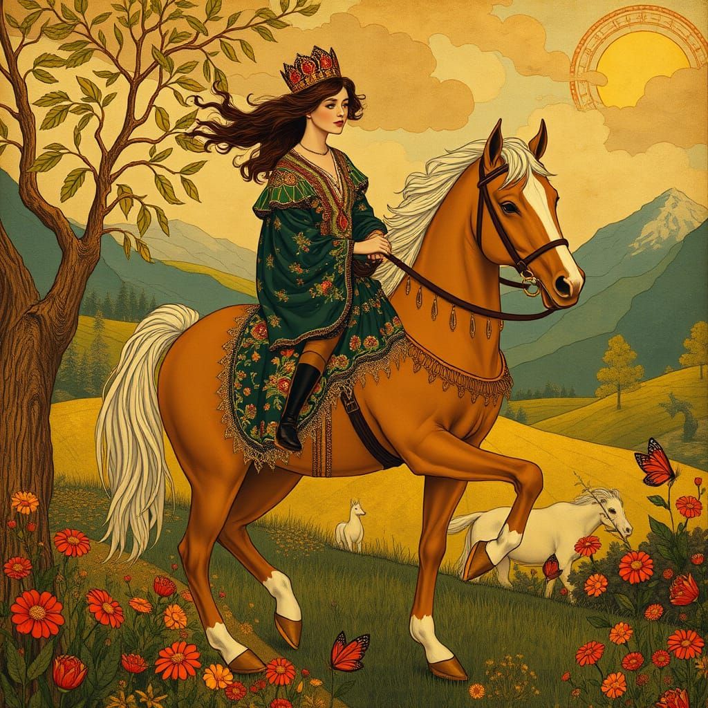 Woman Riding Horse in Art Nouveau Style