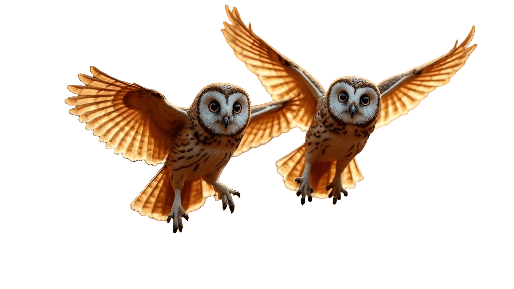 detailed closeup of two flying tawny owls, friendly and beautiful, heading to messy heap of leaves in red orange and yellow, within autumn f...