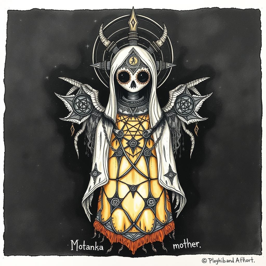 Intricately detailed alcohol ink illustration, Motanka, eeri...