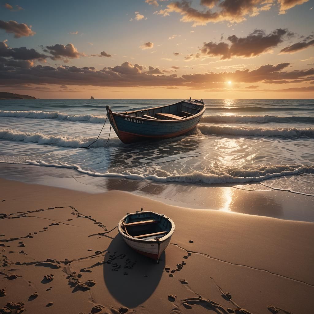 A small boat on shore beach at sunset