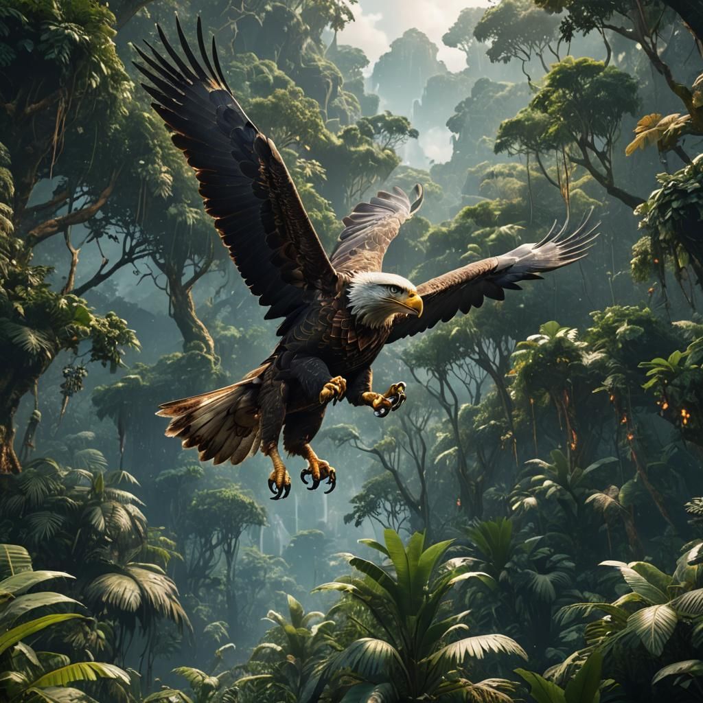 Eagle Soaring in Jungle Sky: Detailed Matte Painting