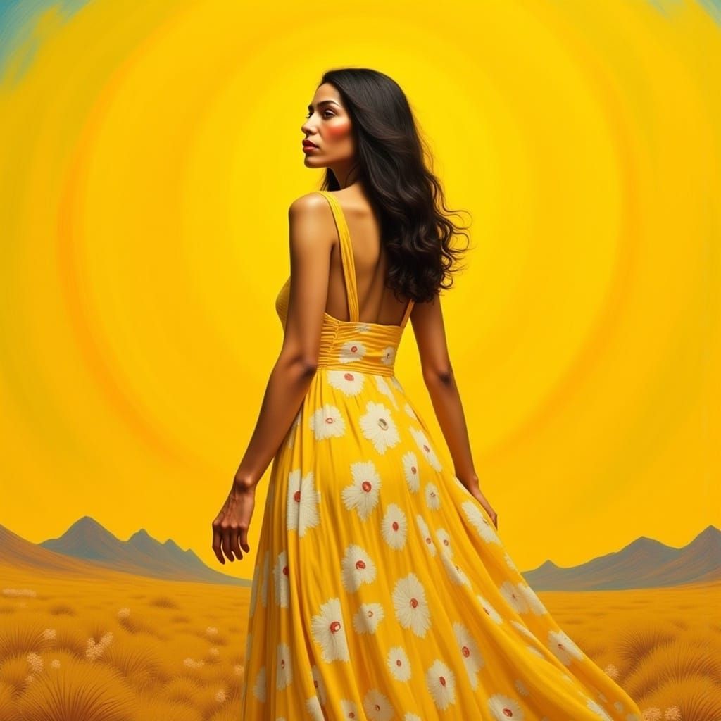  <lora:Native American Flux:1.0> Woman / background is shades of Yellow