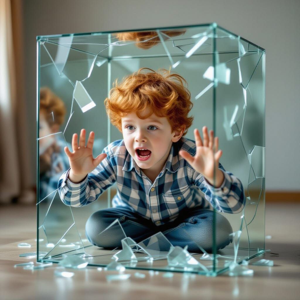 Red-Haired Boy Trapped in Glass Box