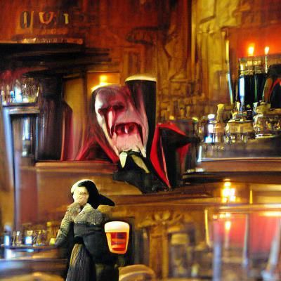 Dracula having a pint of Guinness in the pub