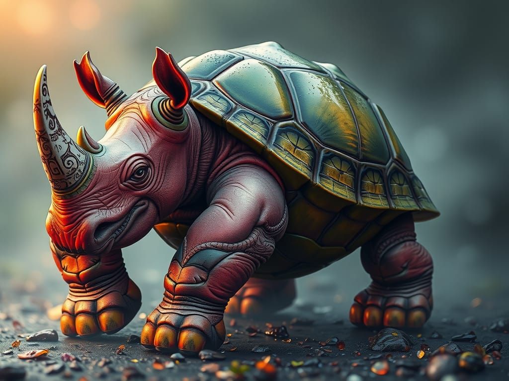 Hyperrealistic Rhinoturtle Hybrid Creature in Vivid Colors