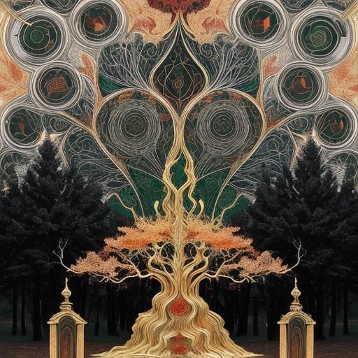 Trees, Sylvan, Forest, Botanical, Red, Calligraphic, Cartogr...