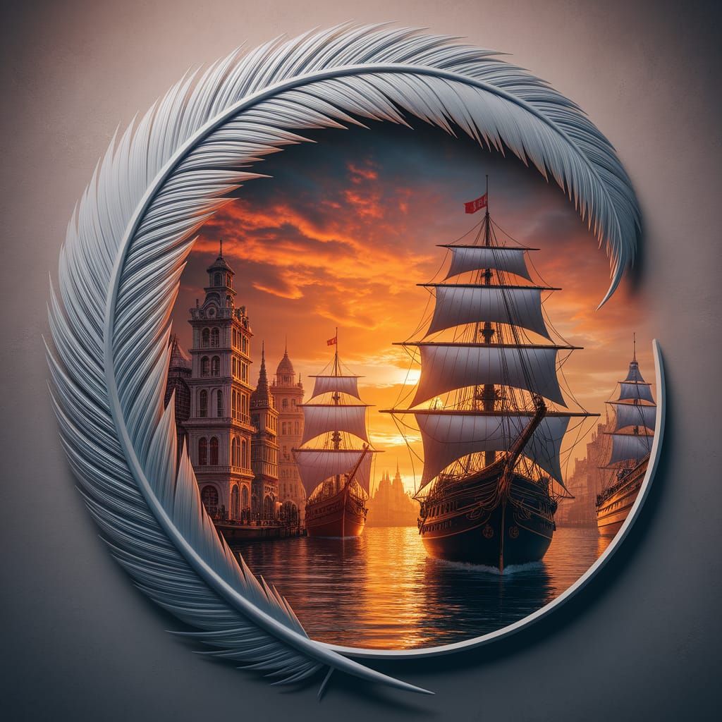 highly artistic composition that features a detailed, feathery outline framing a vibrant, fantasy-like harbor scene at sunset.
The dominant ...