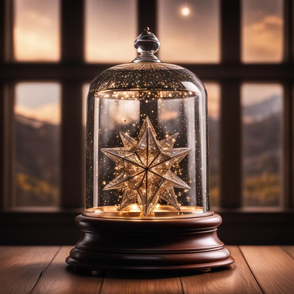 a crystal bell jar full of stars on a wooden standert