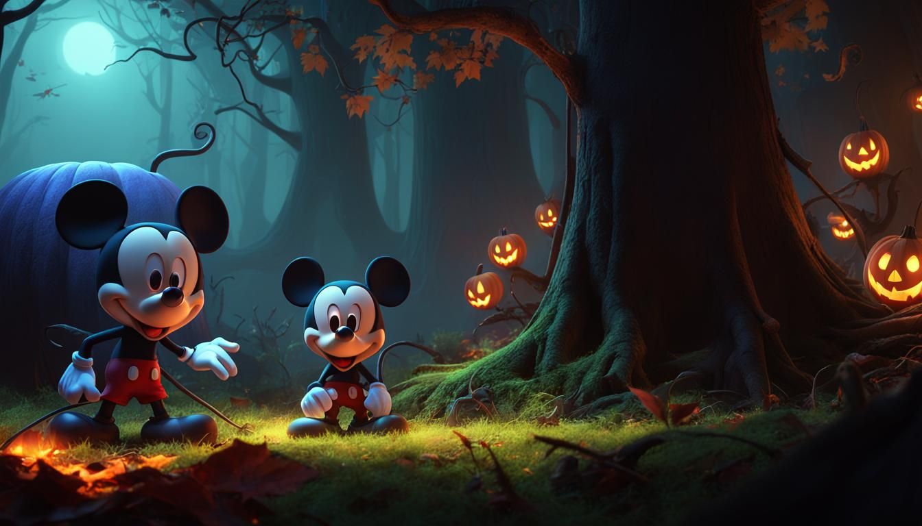 Mickey Mouse and his friend in spooky forest trending on Art...