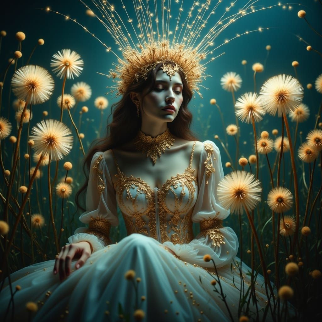 Dandelion Queen's Celestial Portrait in Baroque Style