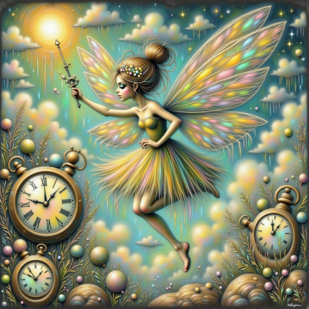 <lora:Fairy Adventures:1.0>A fairy floating through a sky of clocks with melting faces, wings made of time and ticking silence — inspired by...