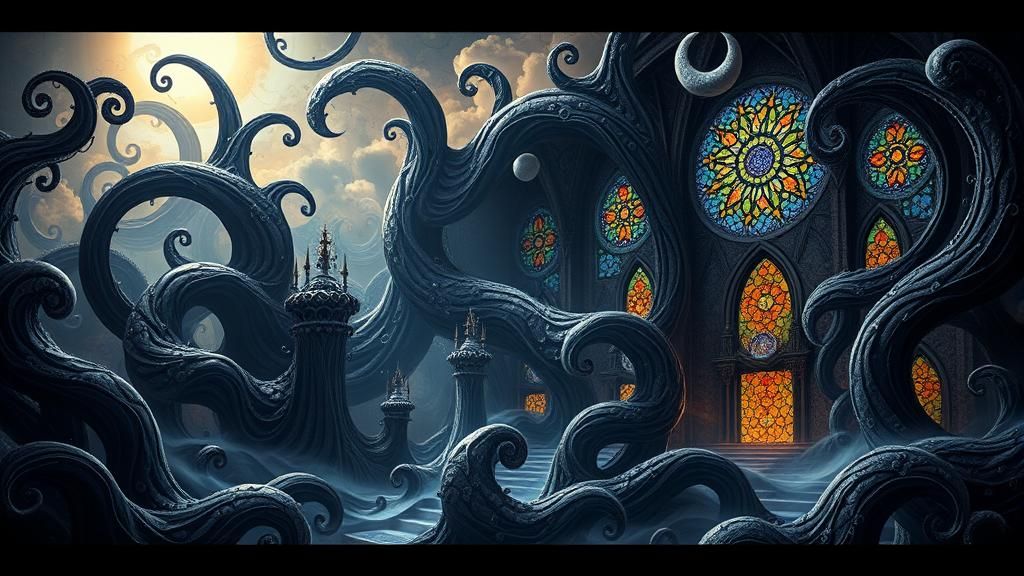 A surreal abstract artwork featuring flowing, curvilinear sh...
