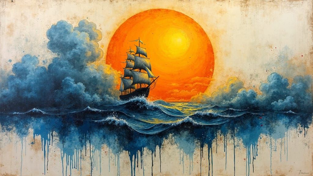 Sailing Ship Emerges from Sunset Sun