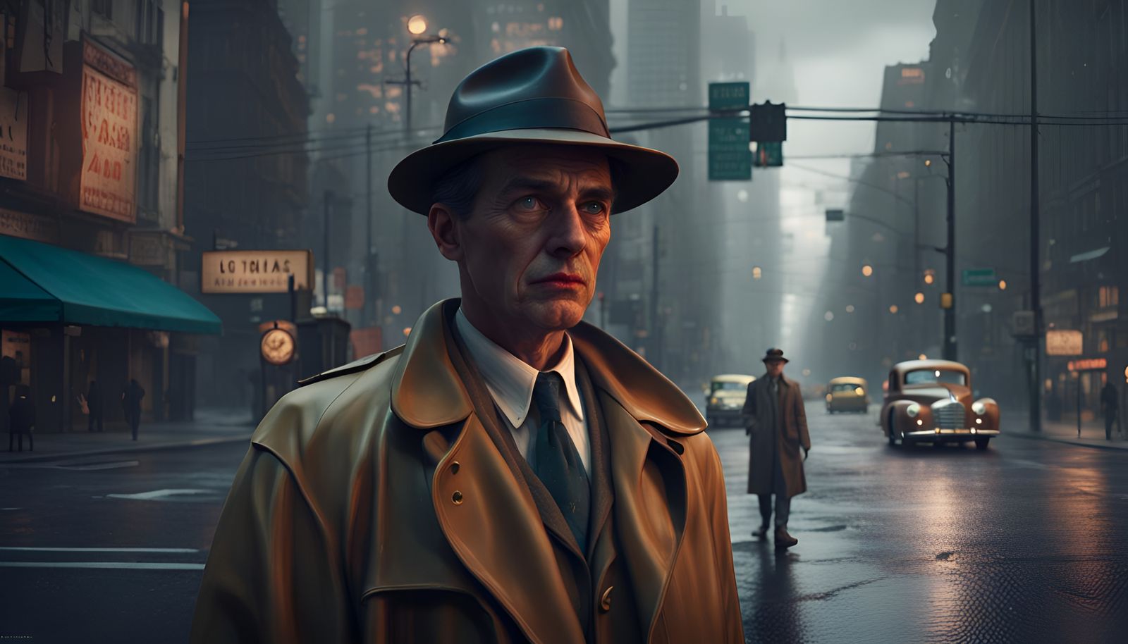 A detective 3/4 face crossing the street in LA, year 1944, k...