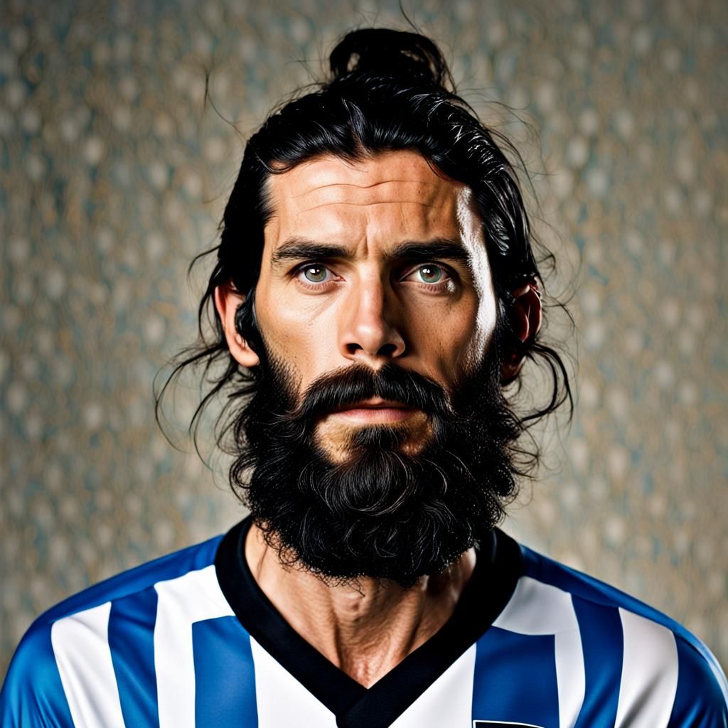soccer player, long beard, black hair
