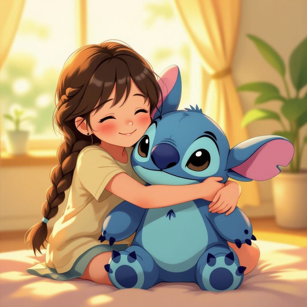 Girl Joyfully Hugs Large Stitch Toy in Anime Style