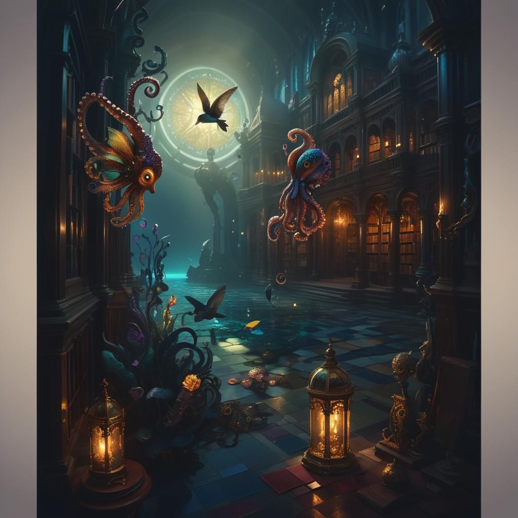 Epic Book octopus seahorse hummingbird Dark Academia