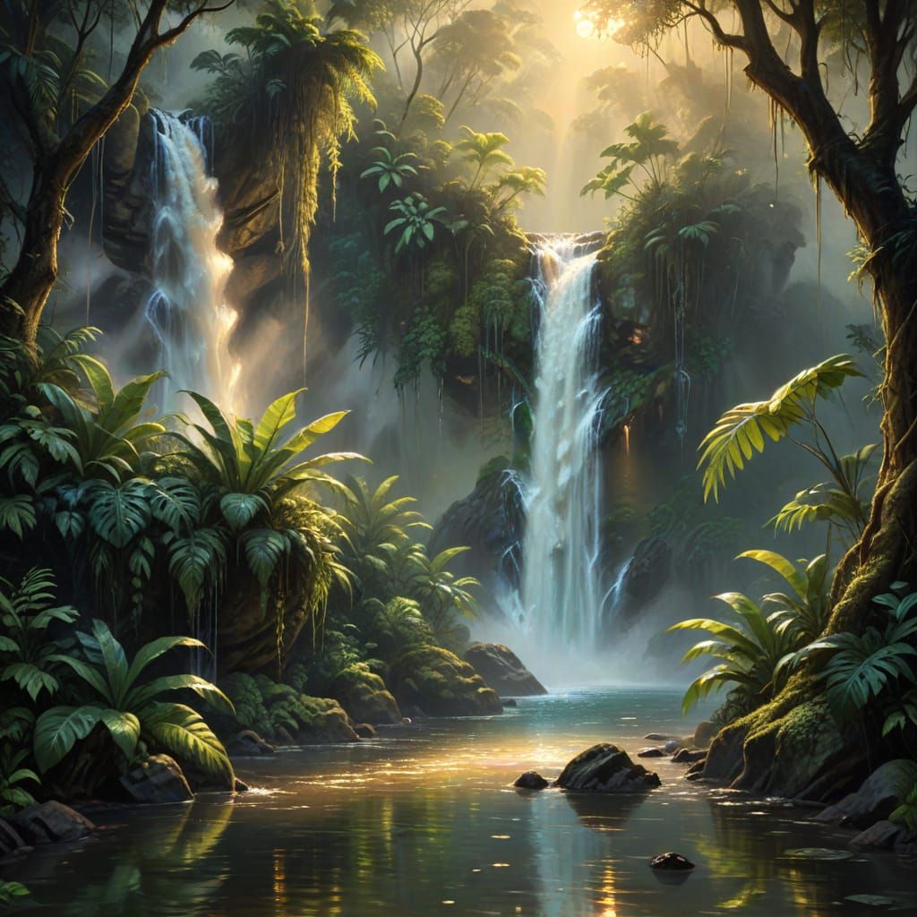 Detailed oil painting. Medium shot. Waterfalls cascade from cliffs floating in the air over a rainforest to a pool. Warm...