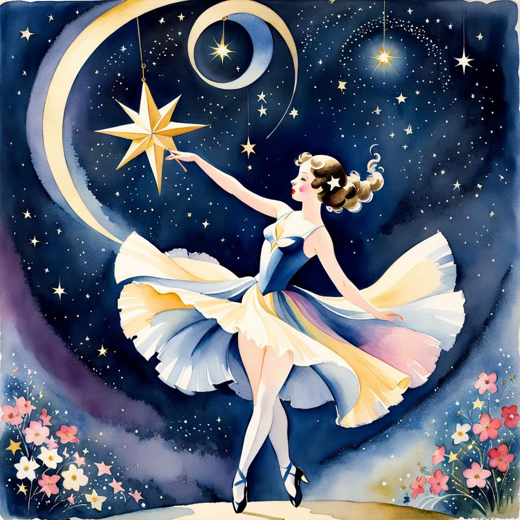 Aerialist, twirling, cosmos, sparkling-stars, watercolour, M...
